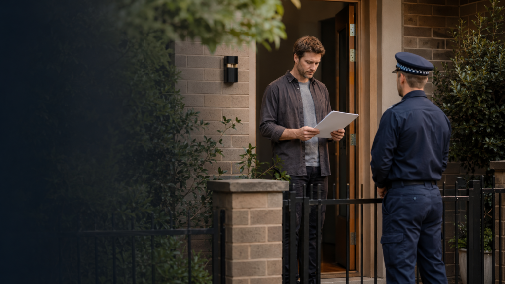 NSW police officer serving AVO documents to a person at their home